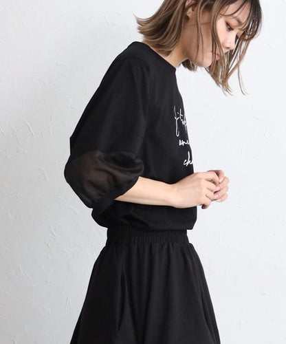 接触冷感 袖シースルー 切替 ラウンド裾 Tシャツ 英字ロゴ パフスリーブ 半袖 綿100% ゆったり 体型カバー 大人可愛い