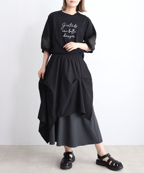 接触冷感 袖シースルー 切替 ラウンド裾 Tシャツ 英字ロゴ パフスリーブ 半袖 綿100% ゆったり 体型カバー 大人可愛い