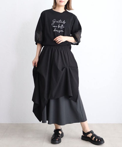 接触冷感 袖シースルー 切替 ラウンド裾 Tシャツ 英字ロゴ パフスリーブ 半袖 綿100% ゆったり 体型カバー 大人可愛い