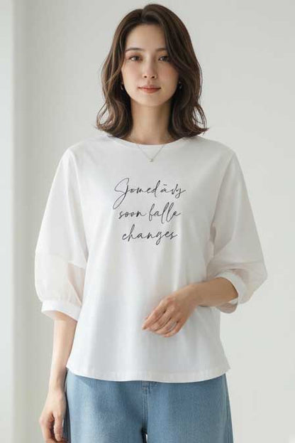 接触冷感 袖シースルー 切替 ラウンド裾 Tシャツ 英字ロゴ パフスリーブ 半袖 綿100% ゆったり 体型カバー 大人可愛い