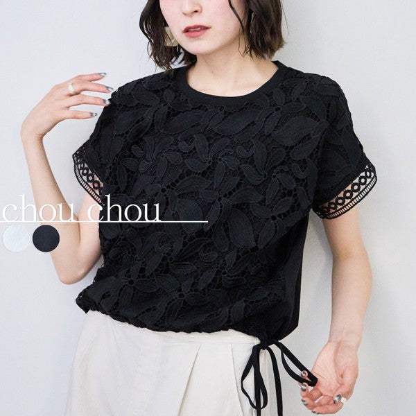 フロントレース異素材切替Ｔシャツ半袖裾ドロストゆったり体型カバー大人可愛い春夏