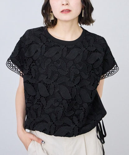 フロントレース異素材切替Ｔシャツ半袖裾ドロストゆったり体型カバー大人可愛い春夏