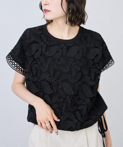 フロントレース異素材切替Ｔシャツ半袖裾ドロストゆったり体型カバー大人可愛い春夏