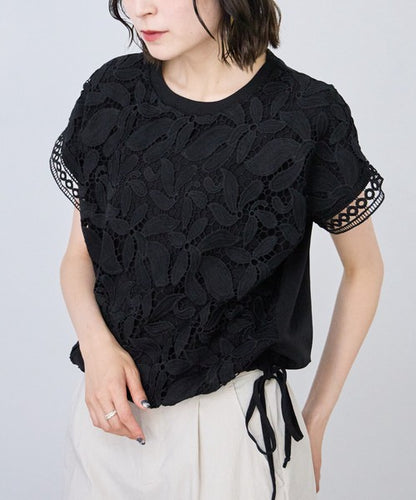 フロントレース異素材切替Ｔシャツ半袖裾ドロストゆったり体型カバー大人可愛い春夏