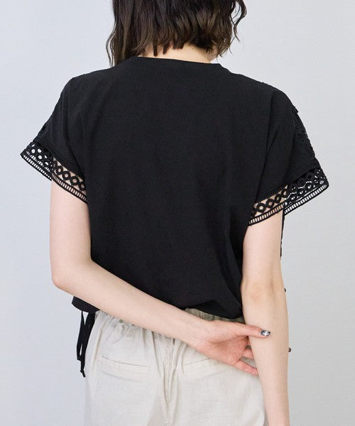 フロントレース異素材切替Ｔシャツ半袖裾ドロストゆったり体型カバー大人可愛い春夏