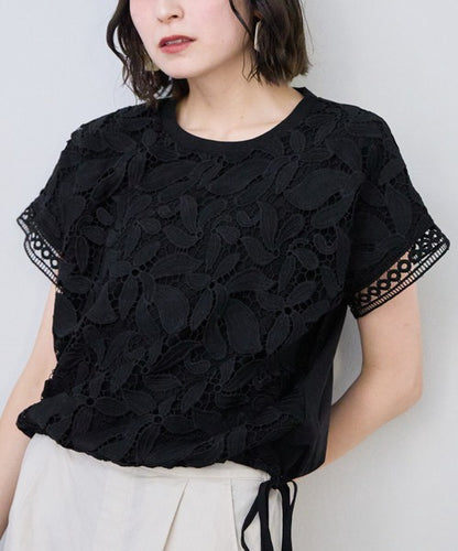 フロントレース異素材切替Ｔシャツ半袖裾ドロストゆったり体型カバー大人可愛い春夏