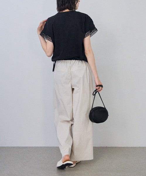 フロントレース異素材切替Ｔシャツ半袖裾ドロストゆったり体型カバー大人可愛い春夏