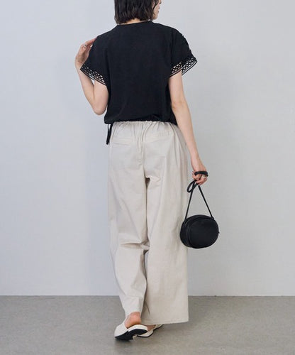 フロントレース異素材切替Ｔシャツ半袖裾ドロストゆったり体型カバー大人可愛い春夏