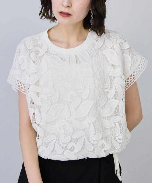 フロントレース異素材切替Ｔシャツ半袖裾ドロストゆったり体型カバー大人可愛い春夏