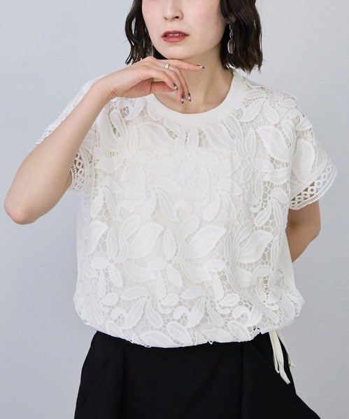 フロントレース異素材切替Ｔシャツ半袖裾ドロストゆったり体型カバー大人可愛い春夏