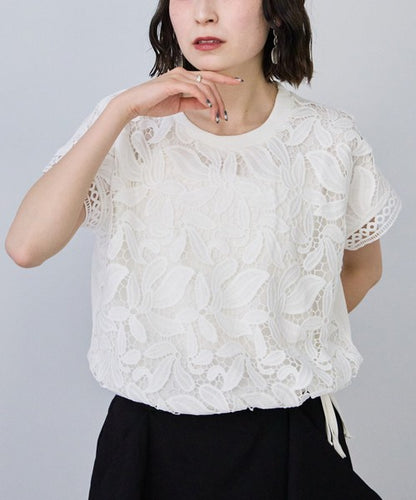 フロントレース異素材切替Ｔシャツ半袖裾ドロストゆったり体型カバー大人可愛い春夏