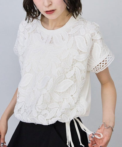 フロントレース異素材切替Ｔシャツ半袖裾ドロストゆったり体型カバー大人可愛い春夏
