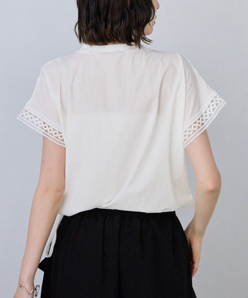 フロントレース異素材切替Ｔシャツ半袖裾ドロストゆったり体型カバー大人可愛い春夏