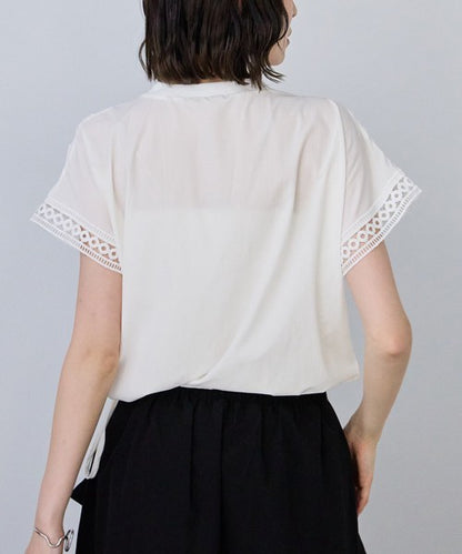 フロントレース異素材切替Ｔシャツ半袖裾ドロストゆったり体型カバー大人可愛い春夏
