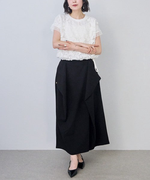 フロントレース異素材切替Ｔシャツ半袖裾ドロストゆったり体型カバー大人可愛い春夏