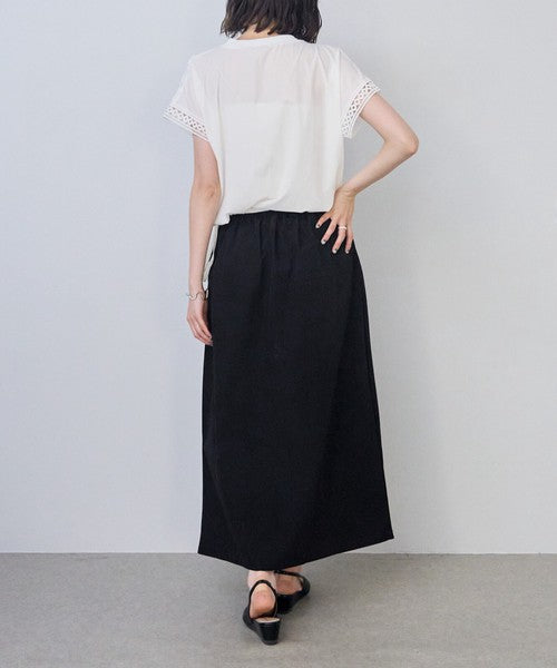 フロントレース異素材切替Ｔシャツ半袖裾ドロストゆったり体型カバー大人可愛い春夏