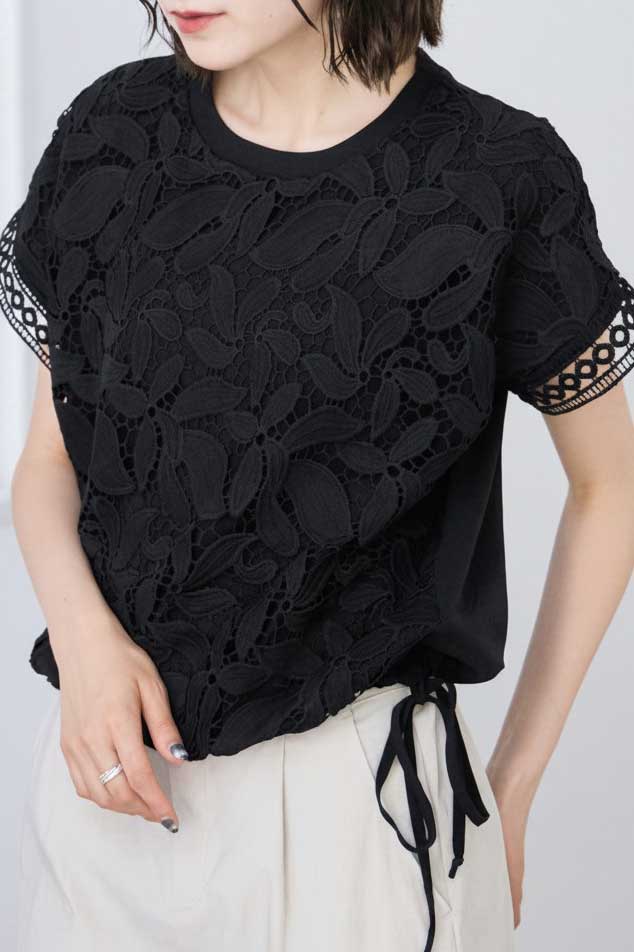 フロントレース異素材切替Ｔシャツ半袖裾ドロストゆったり体型カバー大人可愛い春夏