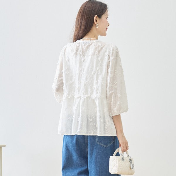 立体小花刺繍 ティアード パフスリーブ コットンブラウス 綿100% トップス M-L