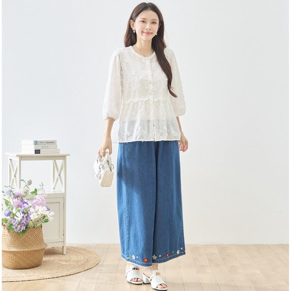 立体小花刺繍 ティアード パフスリーブ コットンブラウス 綿100% トップス M-L
