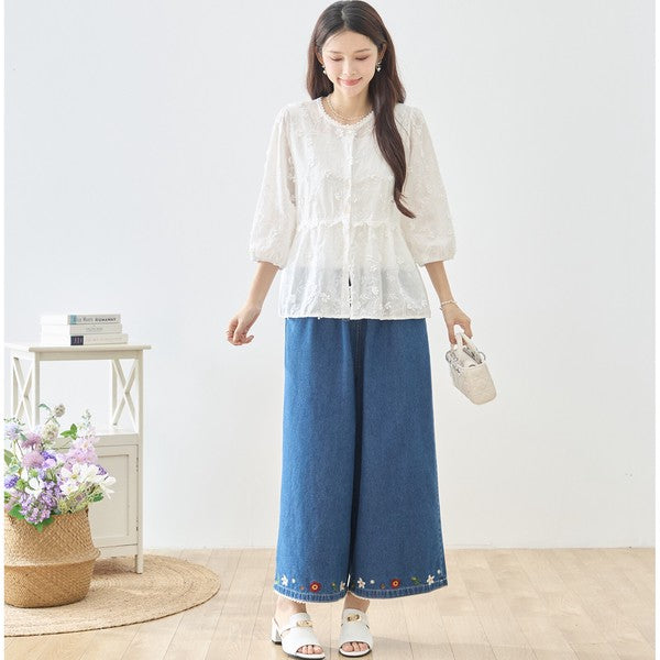 立体小花刺繍 ティアード パフスリーブ コットンブラウス 綿100% トップス M-L