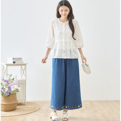 立体小花刺繍 ティアード パフスリーブ コットンブラウス 綿100% トップス M-L