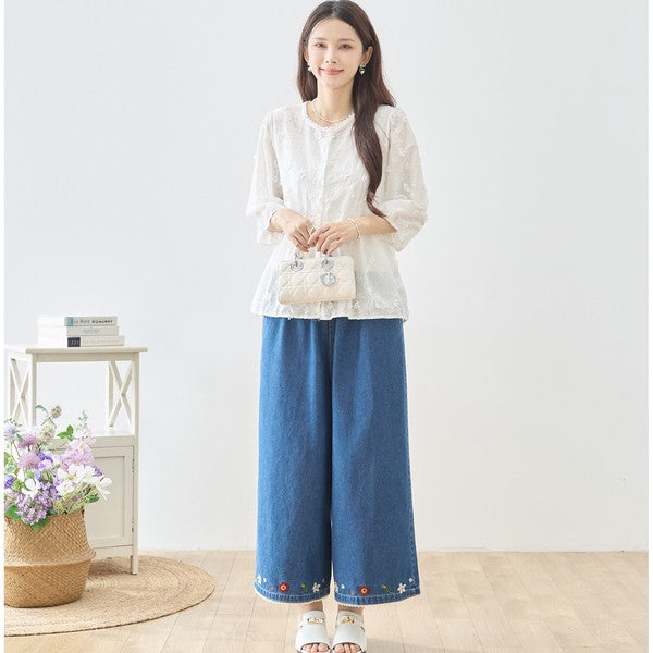 立体小花刺繍 ティアード パフスリーブ コットンブラウス 綿100% トップス M-L