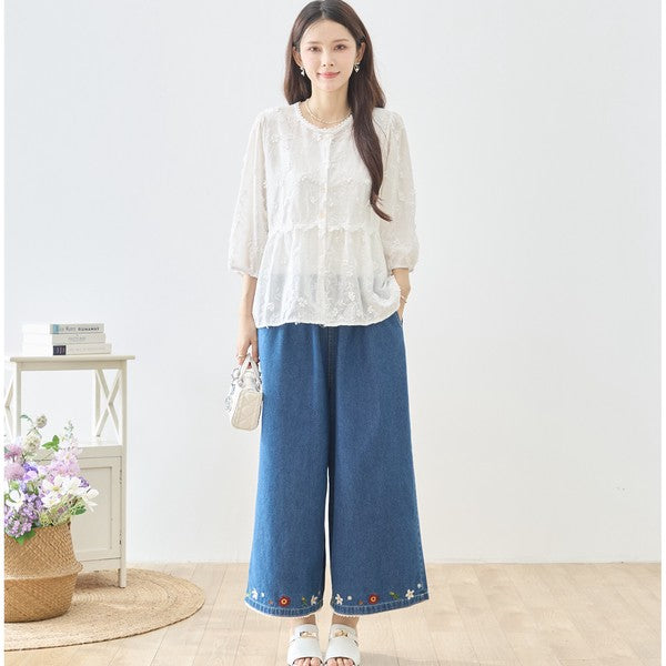 立体小花刺繍 ティアード パフスリーブ コットンブラウス 綿100% トップス M-L