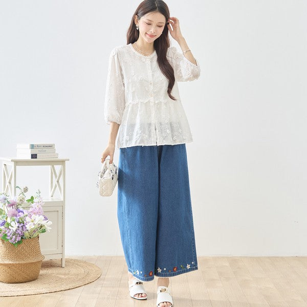 立体小花刺繍 ティアード パフスリーブ コットンブラウス 綿100% トップス M-L