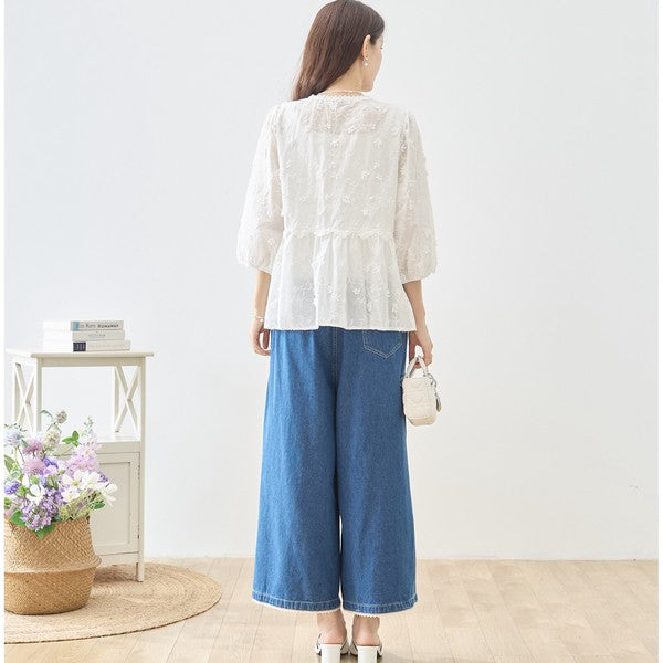 立体小花刺繍 ティアード パフスリーブ コットンブラウス 綿100% トップス M-L