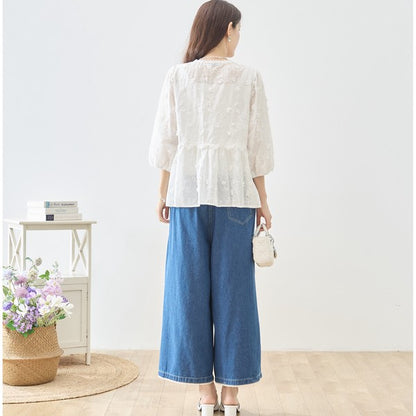 立体小花刺繍 ティアード パフスリーブ コットンブラウス 綿100% トップス M-L