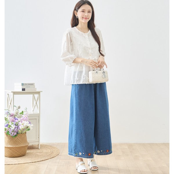立体小花刺繍 ティアード パフスリーブ コットンブラウス 綿100% トップス M-L