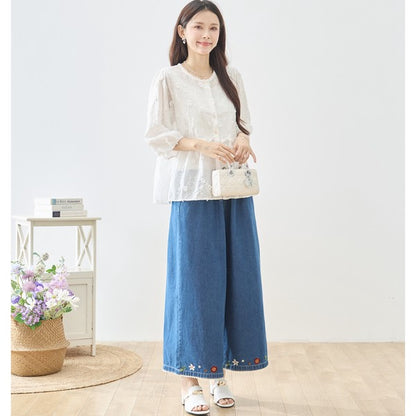 立体小花刺繍 ティアード パフスリーブ コットンブラウス 綿100% トップス M-L