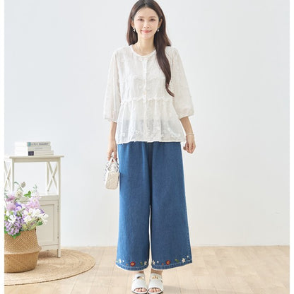 立体小花刺繍 ティアード パフスリーブ コットンブラウス 綿100% トップス M-L