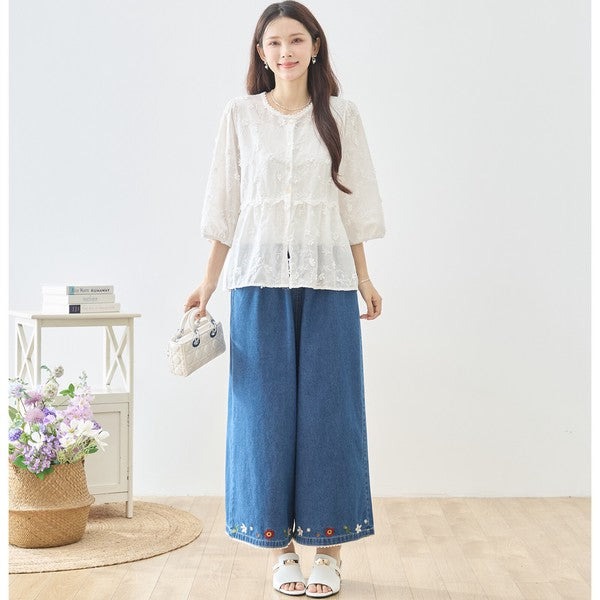 立体小花刺繍 ティアード パフスリーブ コットンブラウス 綿100% トップス M-L