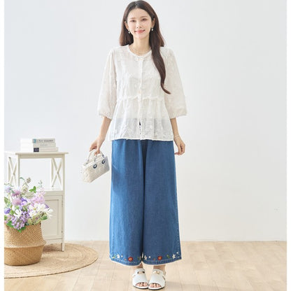立体小花刺繍 ティアード パフスリーブ コットンブラウス 綿100% トップス M-L