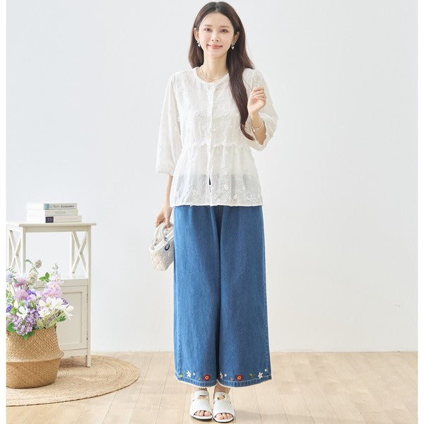 立体小花刺繍 ティアード パフスリーブ コットンブラウス 綿100% トップス M-L