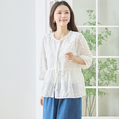 立体小花刺繍 ティアード パフスリーブ コットンブラウス 綿100% トップス M-L