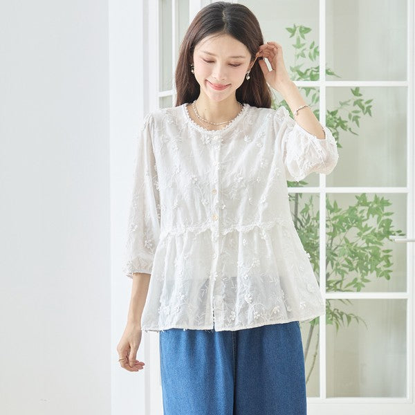 立体小花刺繍 ティアード パフスリーブ コットンブラウス 綿100