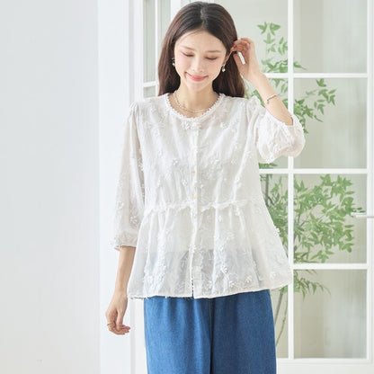 立体小花刺繍 ティアード パフスリーブ コットンブラウス 綿100% トップス M-L