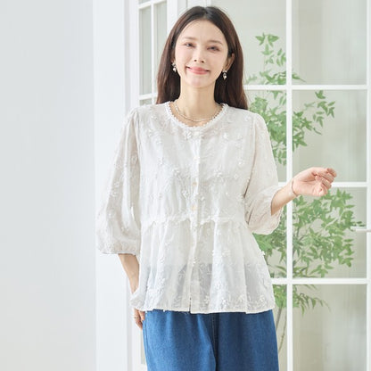 立体小花刺繍 ティアード パフスリーブ コットンブラウス 綿100% トップス M-L