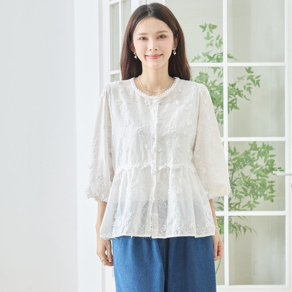 立体小花刺繍 ティアード パフスリーブ コットンブラウス 綿100% トップス M-L