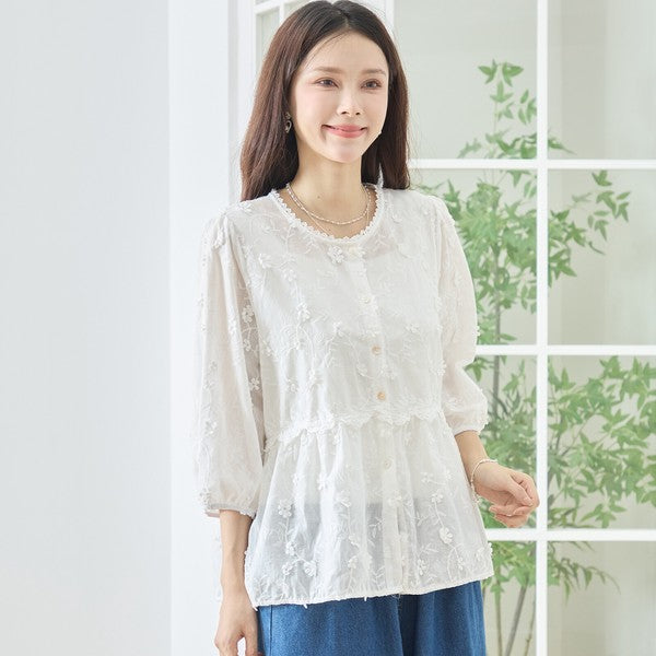 立体小花刺繍 ティアード パフスリーブ コットンブラウス 綿100% トップス M-L