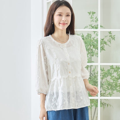 立体小花刺繍 ティアード パフスリーブ コットンブラウス 綿100% トップス M-L