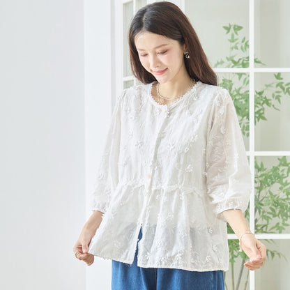 立体小花刺繍 ティアード パフスリーブ コットンブラウス 綿100% トップス M-L