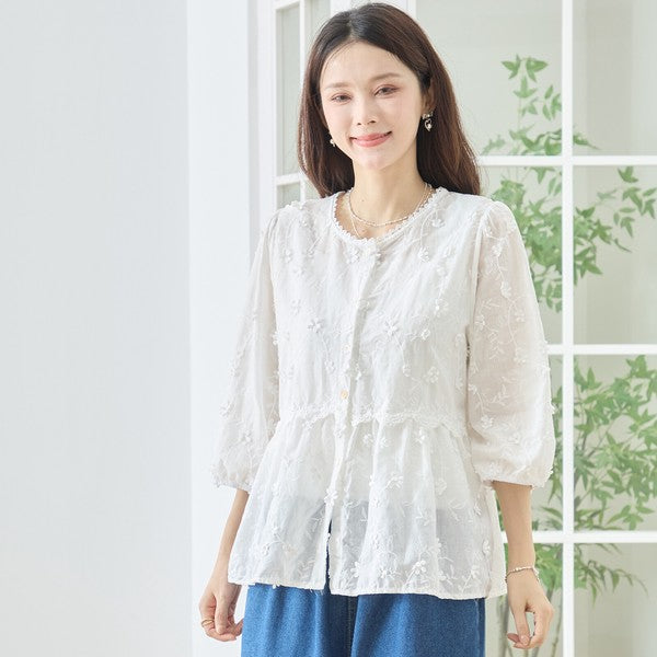 立体小花刺繍 ティアード パフスリーブ コットンブラウス 綿100% トップス M-L