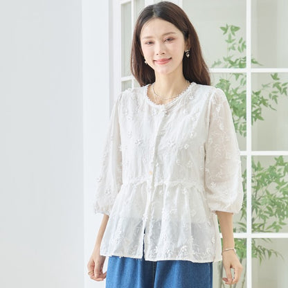 立体小花刺繍 ティアード パフスリーブ コットンブラウス 綿100% トップス M-L