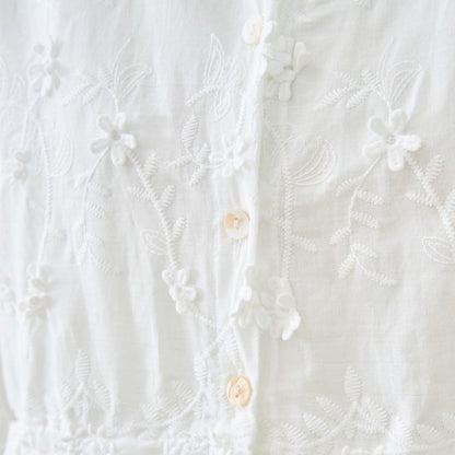 立体小花刺繍 ティアード パフスリーブ コットンブラウス 綿100% トップス M-L