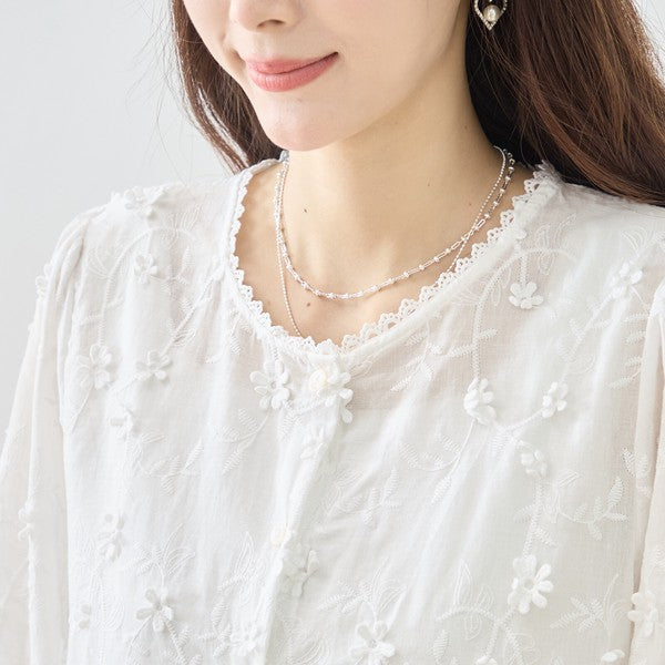 立体小花刺繍 ティアード パフスリーブ コットンブラウス 綿100% トップス M-L