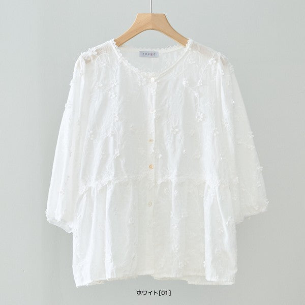 立体小花刺繍 ティアード パフスリーブ コットンブラウス 綿100% トップス M-L