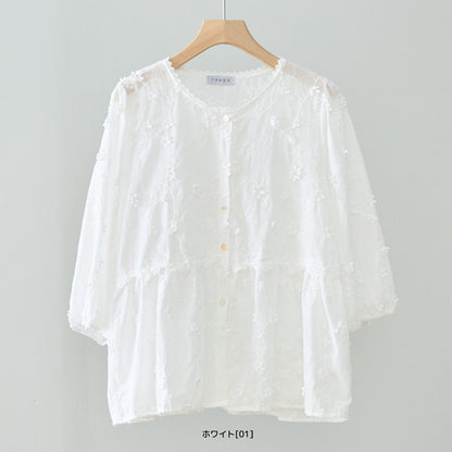 立体小花刺繍 ティアード パフスリーブ コットンブラウス 綿100% トップス M-L